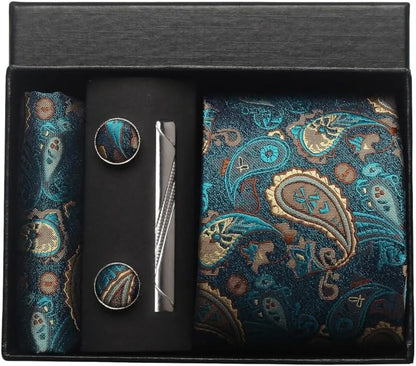 100% Silk Paisley Floral Necktie Set for Men - Premium Business Tie with Pocket Square Tie Clip Cufflinks Gift Box