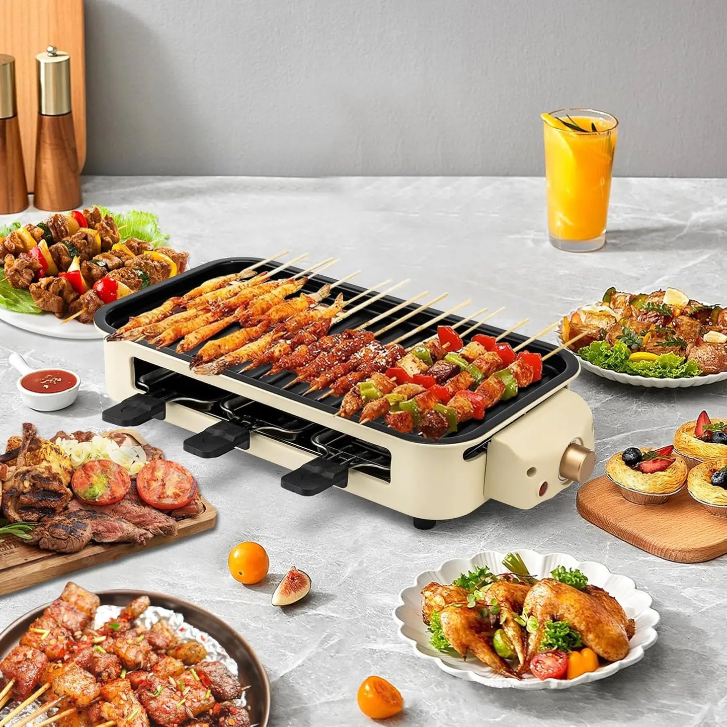 Electric Smoke-Free Indoor BBQ Grill — Portable Non-Stick Grill with Detachable Board & Adjustable Temperature