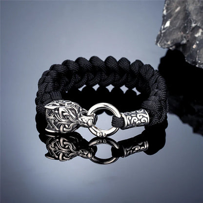 Vintage Norse Runes Celtic Wolf Survival Rope Bracelet - Handmade Stainless Steel Wristband for Men, Vikings Jewelry