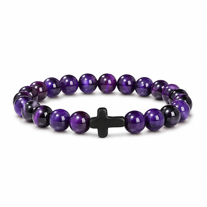 Natural Stone & Wood Bead Rosary Bracelet - Hematite Cross Meditation & Yoga Jewelry for Men & Women
