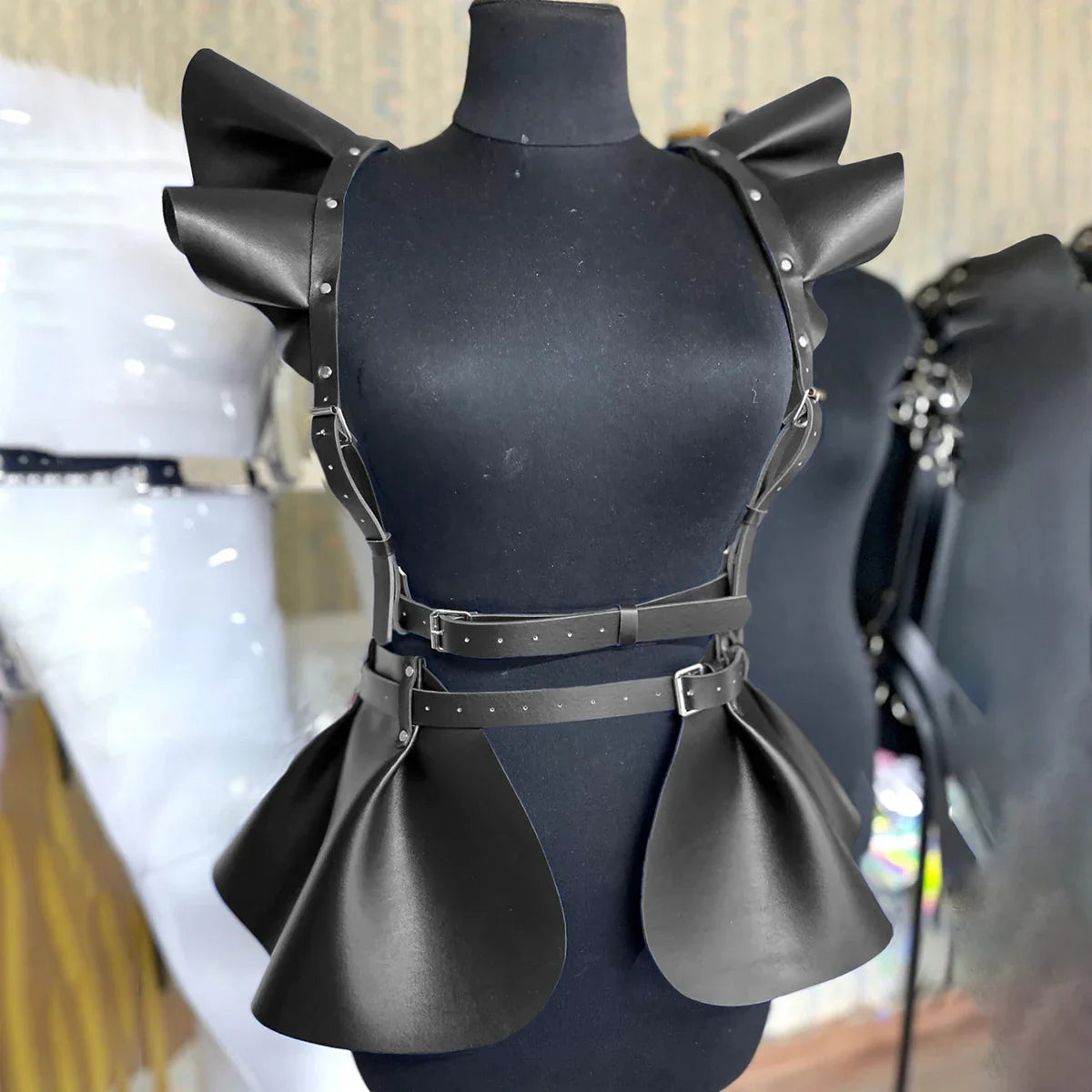 Women’s Gothic Leather Body Harness Belt – Skirt Accessory with Ruffle Hem, Waist & Shoulder Fashion Belt