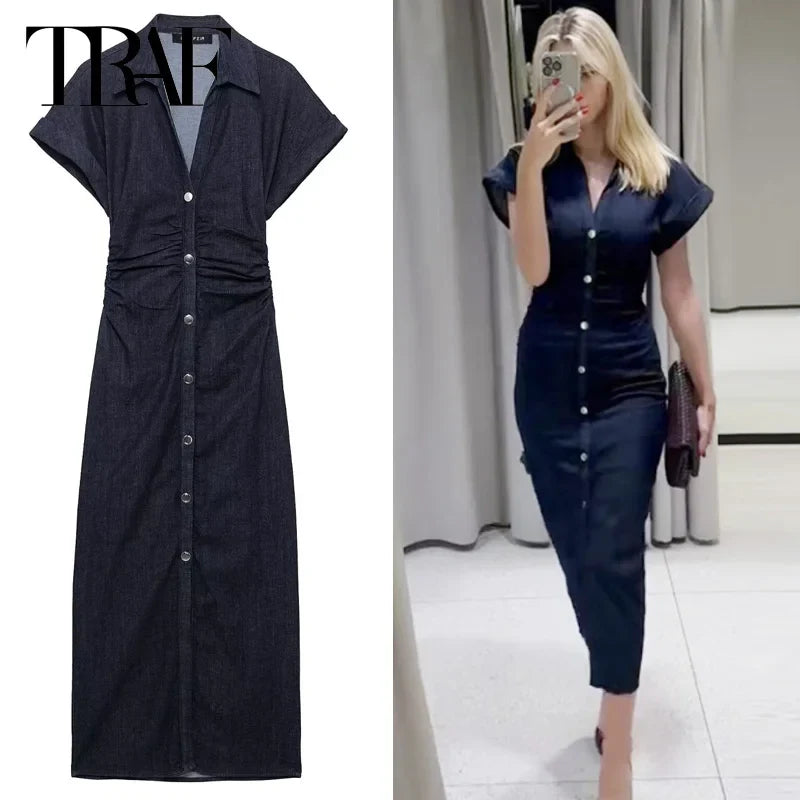 TRAF Women’s Denim Bodycon Dress – Summer 2025 Blue Button Ruffled Batwing Sleeve Long Casual Beach Vestido