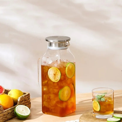 JUSTINLAU Borosilicate Glass Water Bottle - 1.2L/2L Large Capacity Juice & Drink Pitcher for Home & Restaurant