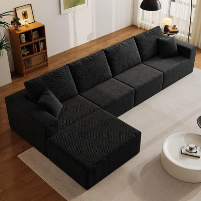 139" Cloud Sectional Sofa – Deep Seat Modular L-Shape Corduroy Couch, Frameless 4-Seater Living Room Sofa with Left Chaise (Black)