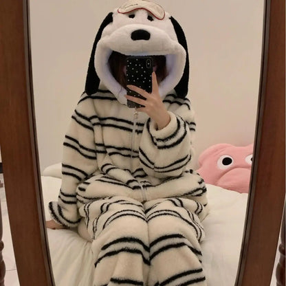 Halloween Snoopy Flannel Pajamas – Hooded Kawaii Anime Cartoon Pajamas for Kids & Adults, Cozy Autumn Homewear
