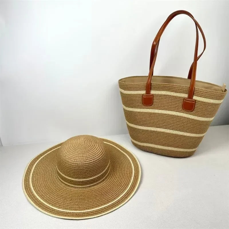 French Style Straw Handbag & Summer Beach Hat Set – Woven Bucket Bag with Fine Stripes