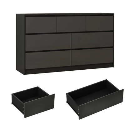 55-Inch Modern 7-Drawer Dresser – High Gloss White/Black Wooden Chest for Bedroom Storage