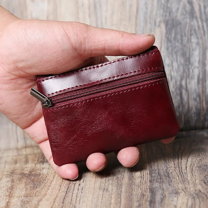 Leather Mini Coin Purse – Unisex Retro Handmade Cowhide Small Wallet with Zipper & Key Case