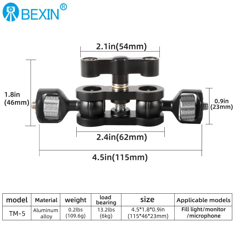 BEXIN TM-5 Articulating Magic Arm with Dual Ball Head, 1/4" Screw for Tripod, Phone Clip, LED Light, LCD Monitor, and Microphone