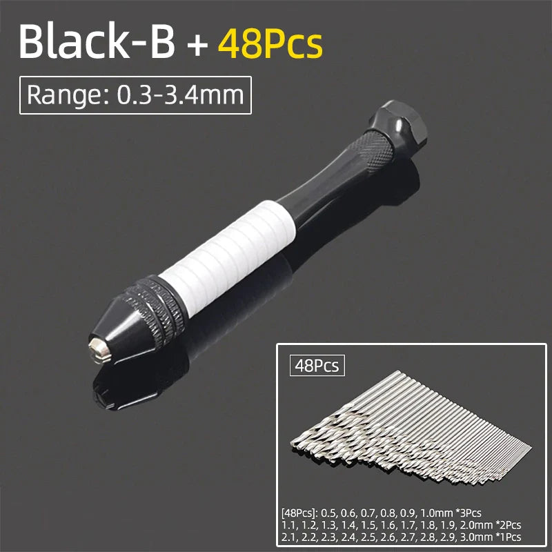 Mini Aluminum Hand Drill 0.3–3.4mm – Keyless Chuck Micro Rotary Tool with HSS Twist Drill Bit Set for Wood & DIY Crafts