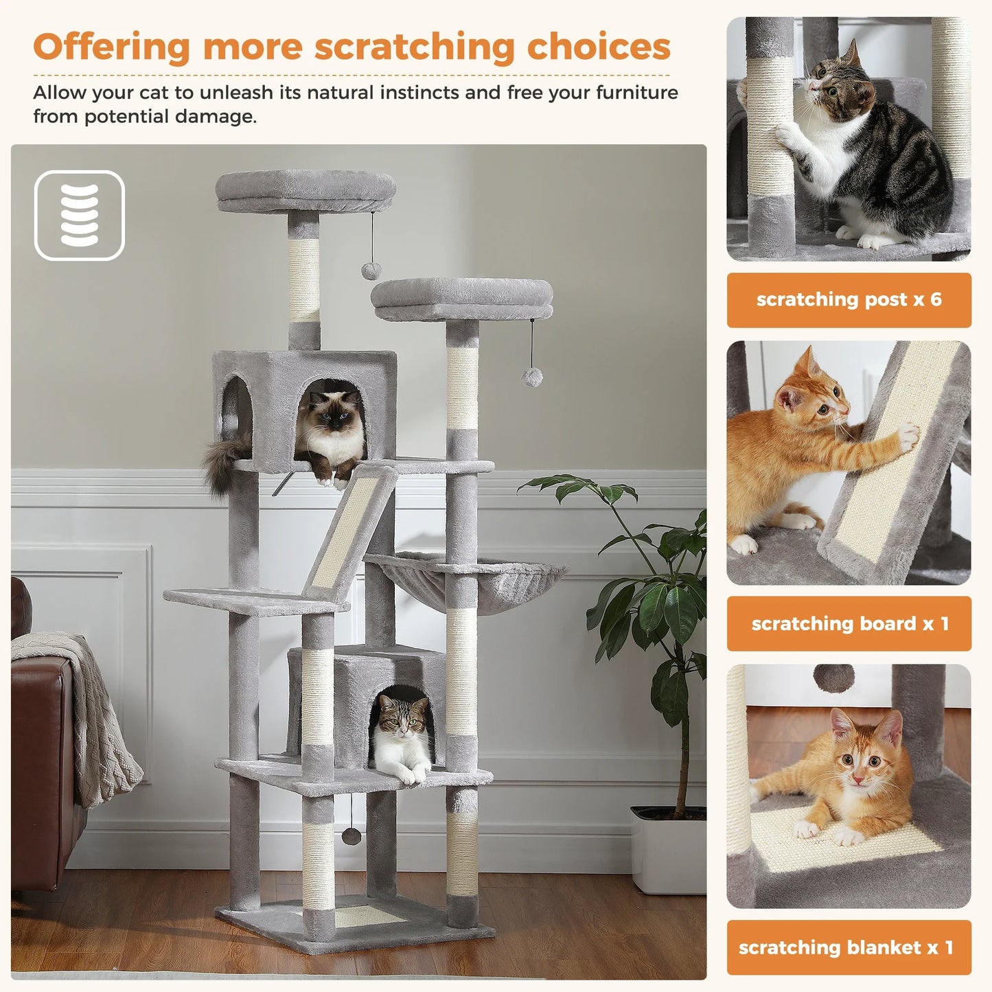 Large Cat Tree Tower – Multi-Level Plush Indoor Cat Condo with Scratching Posts, Boards, Perches & Caves