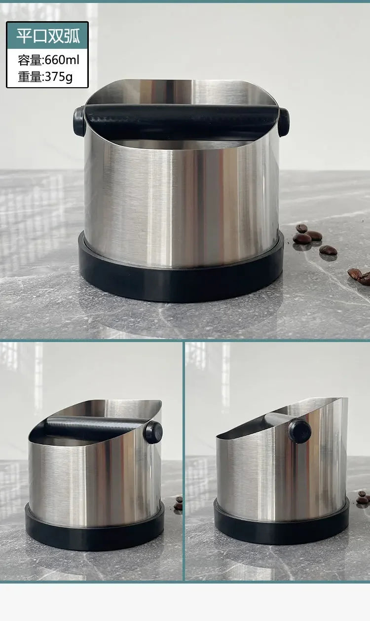 Stainless Steel Coffee Knock Box – Non-Slip Espresso Ground Bin with Rubber Ring and Beveled Design