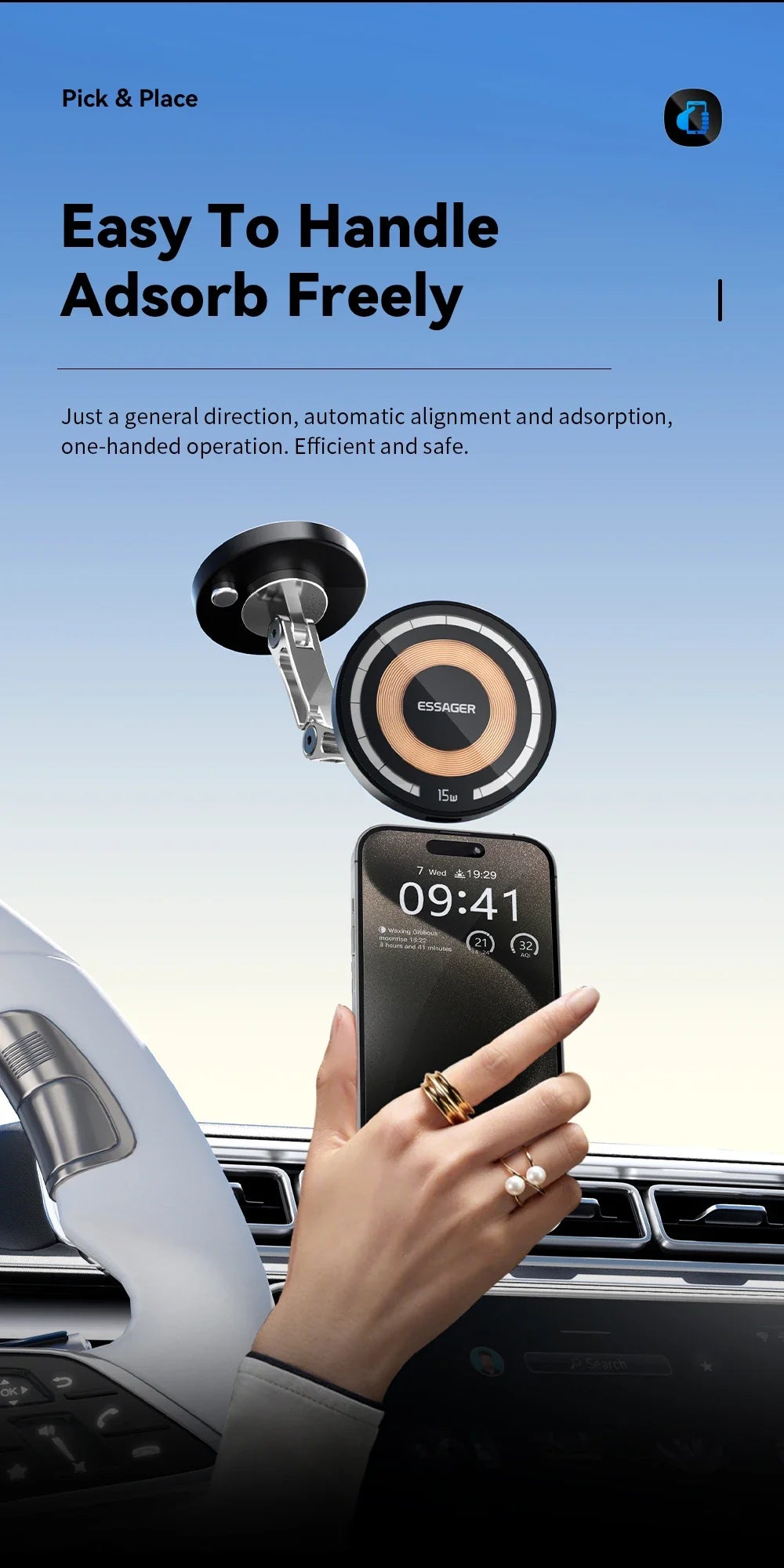 Essager Magnetic Wireless Car Charger – 15W Fast Charging Phone Holder Mount for MagSafe iPhone 15/14/13 Pro Max