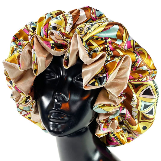 Women’s Satin Bonnet Cap – Double Layer Silky Big Bonnet, Printed Sleep Cap & Head Wrap for Ladies
