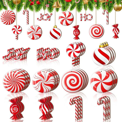 12PCS Wooden Christmas Candy Ornaments – Red & White Hanging Decorations for Tree, Home & New Year Party
