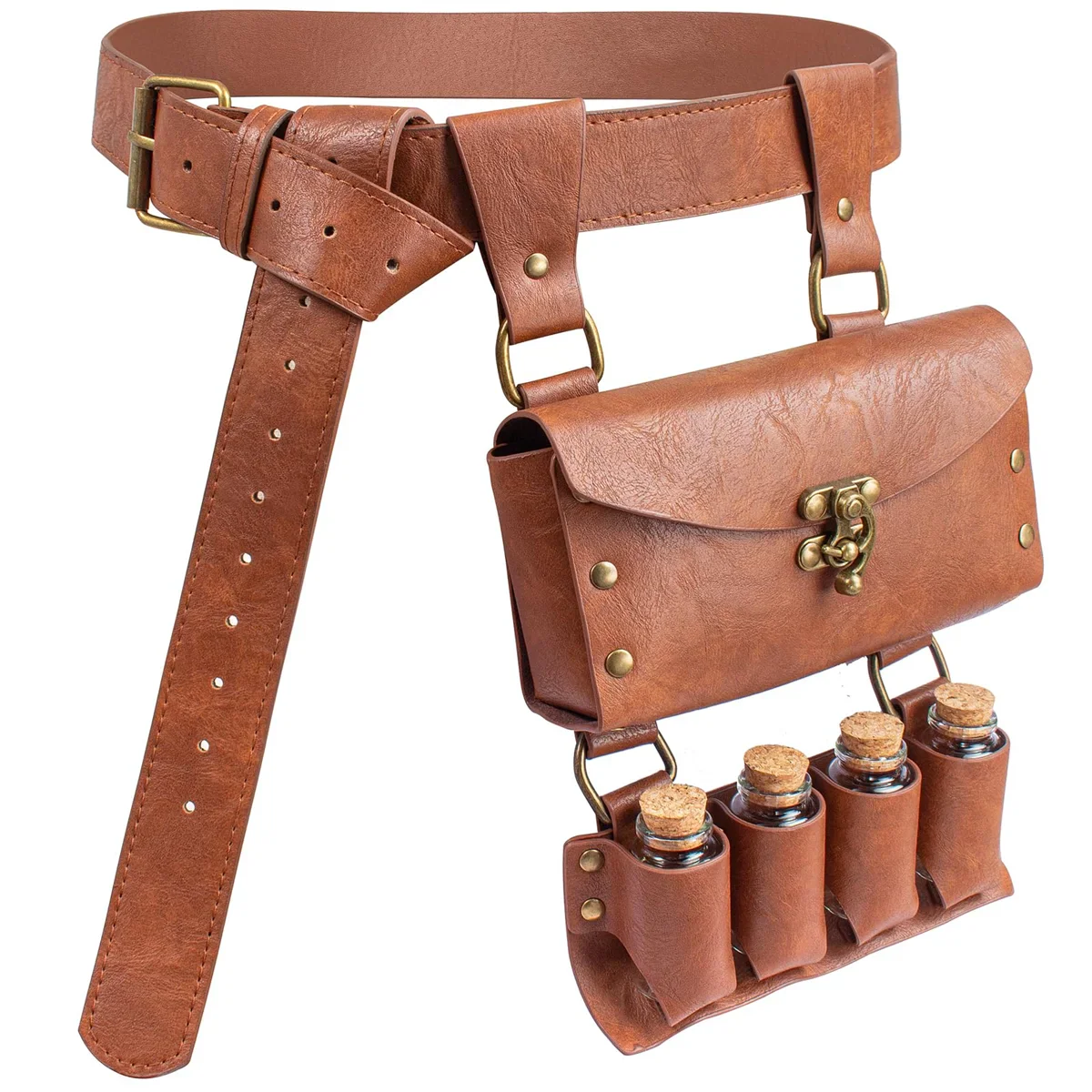 Renaissance Leather Cosplay Belt – Medieval Wizard Waist Bag with Alchemy Bottle, Cork Stopper & Copper Coin