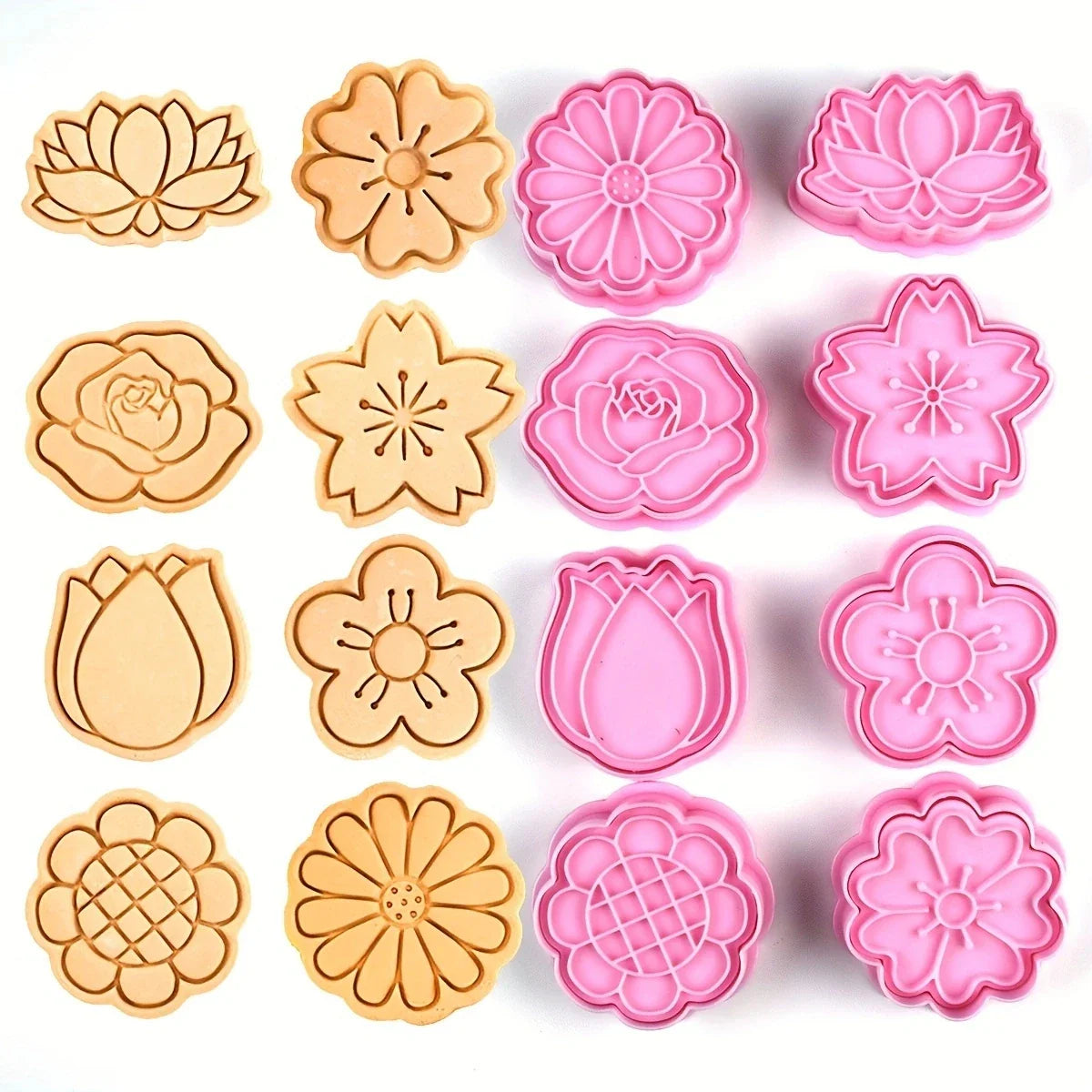 Set of 8 Cartoon Flowers Cookies Cutters - Plastic Pressable Biscuit Mold and Cookie Stamp for Kitchen Baking and Pastry Decoration