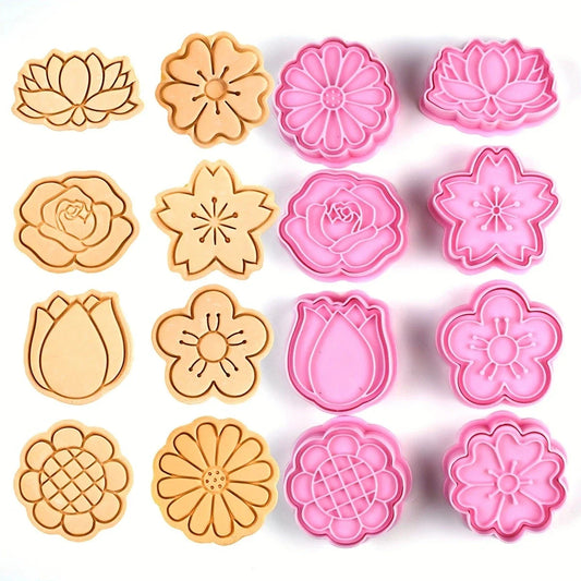 Set of 8 Cartoon Flowers Cookies Cutters - Plastic Pressable Biscuit Mold and Cookie Stamp for Kitchen Baking and Pastry Decoration
