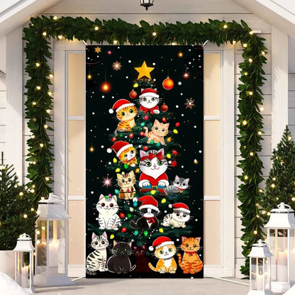 Cute Animals Christmas & New Year Door Cover – Dog, Cat, Snowman, Gingerbread Man Holiday Outdoor Winter Decoration Gift