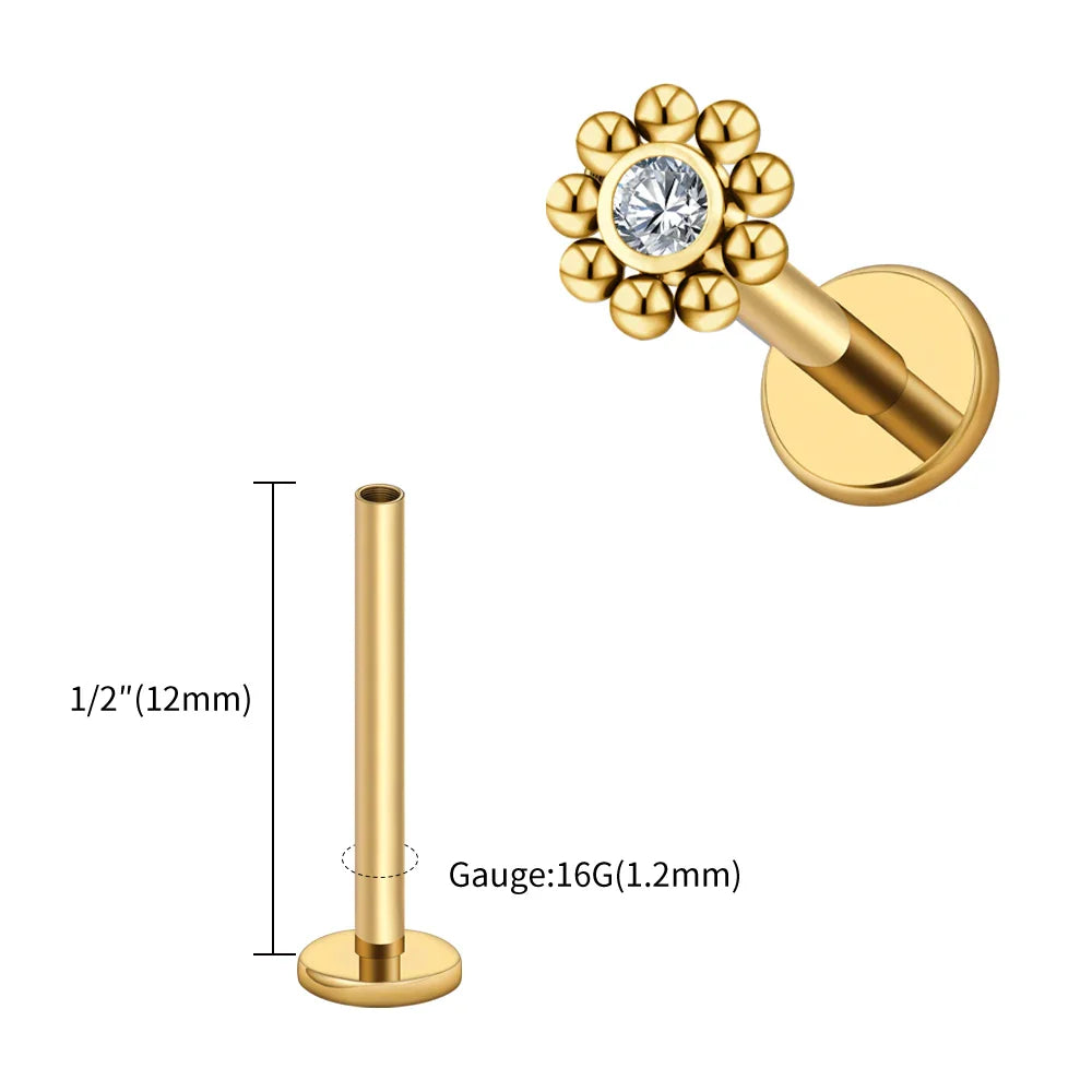 Right Grand ASTM F136 Titanium 16G Mini Beaded Sun Labret Stud CZ Flower – Tragus, Helix, Conch & Nose Piercing Body Jewelry