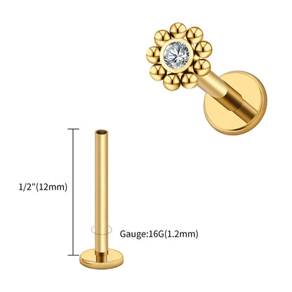 Right Grand ASTM F136 Titanium 16G Mini Beaded Sun Labret Stud CZ Flower – Tragus, Helix, Conch & Nose Piercing Body Jewelry