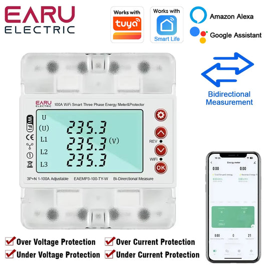 Tuya WiFi 3-Phase 380V Smart Energy Meter – Bi-Directional kWh Power Monitor with Over/Under Voltage Protection & Current Limit Relay Switch