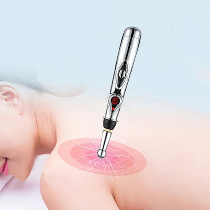 Electric Massage Pen – Adjustable Battery-Powered Muscle Relaxer for Body, Back & Hands, Silver
