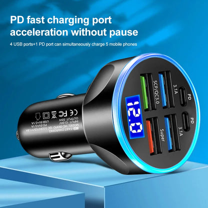 66-250W PD Car Charger – QC3.0 Fast Charge, 1-to-6 Cigarette Lighter Plug with Digital Display
