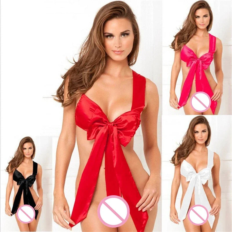 Sexy Red Bow Babydoll Lingerie – Erotic Sleepwear & Temptation Pajamas, Hot Underwear Costume for Women, Christmas Gift