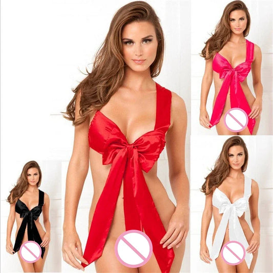 Sexy Red Bow Babydoll Lingerie – Erotic Sleepwear & Temptation Pajamas, Hot Underwear Costume for Women, Christmas Gift