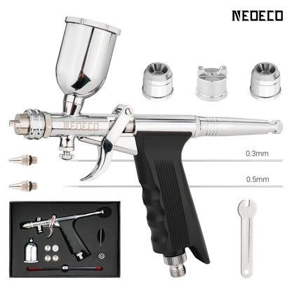 Gravity-Feed Dual-Action Airbrush — Pistol Grip Trigger Fan Spray Gun with 0.3mm/0.5mm Nozzles & 15CC Fluid Cups for Car Models & DIY