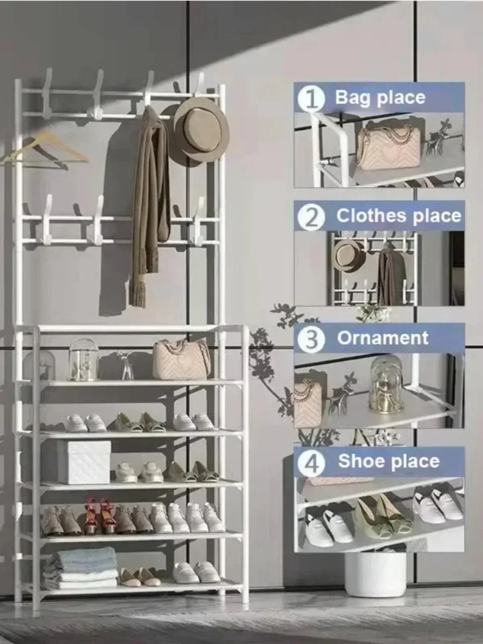 Multi-Layer Clothes Hanger & Shoe Rack – DIY Floor-Standing Hat and Shoes Organizer for Living Room Storage