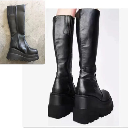 2024 Women’s Platform Mid-Calf Boots – Elastic Microfiber Chunky Heel Black Goth Spring & Autumn Shoes