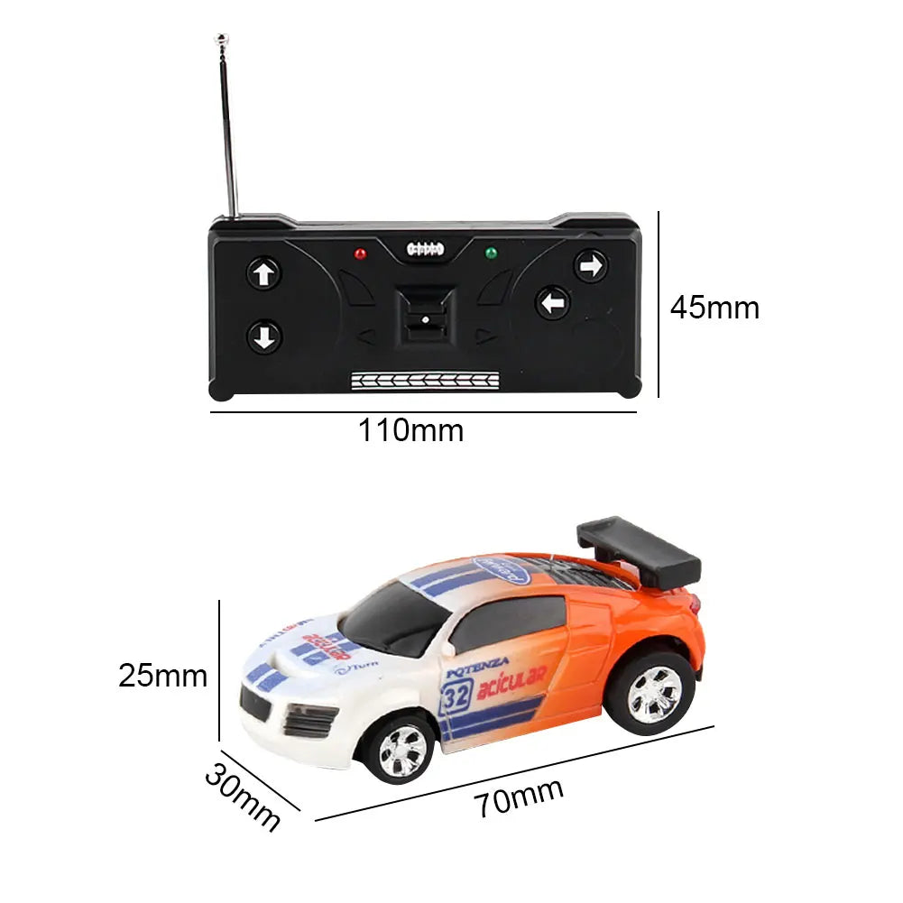 Coke Can Mini RC Car — Battery-Operated Plastic Remote Control Racing Vehicle with Roadblocks, Micro Racing Toy for Kids & Boys