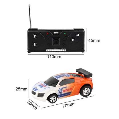 Coke Can Mini RC Car — Battery-Operated Plastic Remote Control Racing Vehicle with Roadblocks, Micro Racing Toy for Kids & Boys