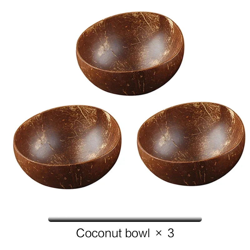 Natural Coconut Bowl with Wooden Spoon – 12–15cm Handmade Tableware for Salad, Dessert, Rice & Ramen