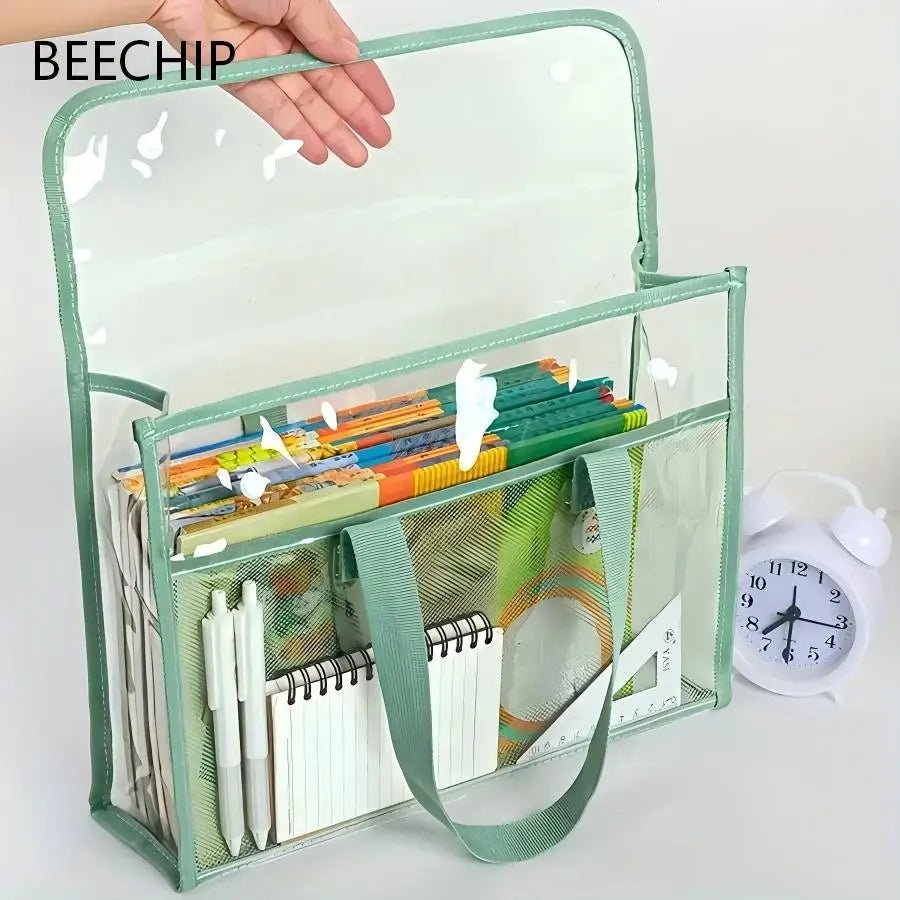 Large Capacity Portable Transparent Waterproof Handheld Folder – Expandable PVC File Storage Bag with Self-Adhesive Closure
