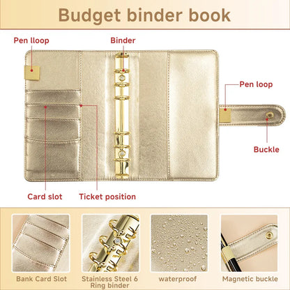 A6 Gold Ring Budget Planner Binder – Gold, Purple & Black with Zipper Cash Envelopes for Money Organization