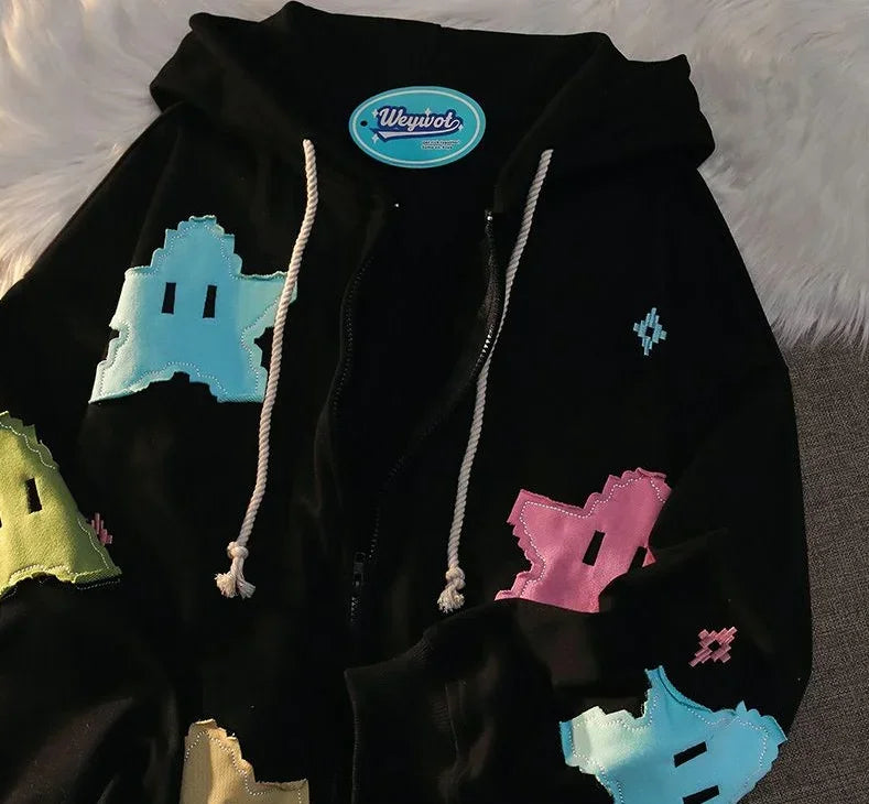 Unisex Gothic Punk Hooded Cardigan – British Harajuku Star Patch Embroidery Oversized Bat Sleeve Jacket