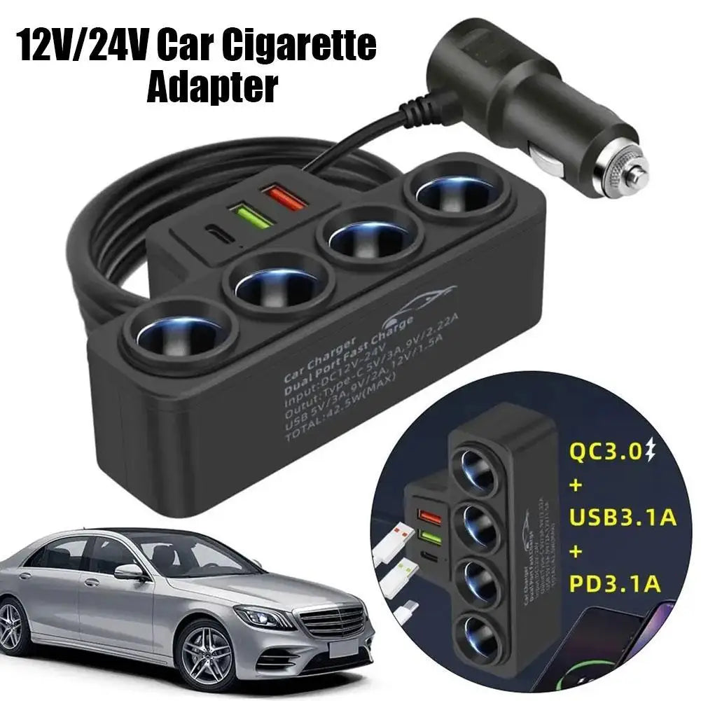 12V/24V Car Cigarette Lighter Adapter – 4 Socket USB Charger with QC3.0 & PD3.1A, 120W Car Accessories Port