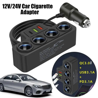 12V/24V Car Cigarette Lighter Adapter – 4 Socket USB Charger with QC3.0 & PD3.1A, 120W Car Accessories Port