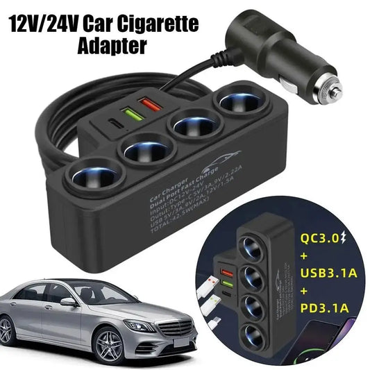 12V/24V Car Cigarette Lighter Adapter – 4 Socket USB Charger with QC3.0 & PD3.1A, 120W Car Accessories Port