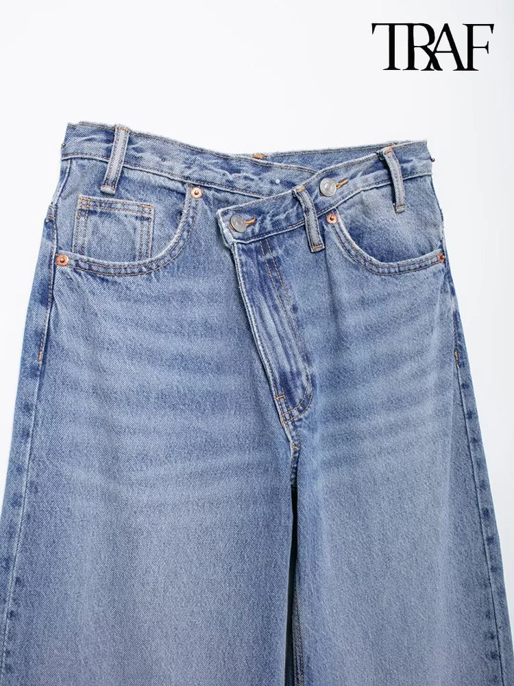 TRAF Women’s Basic Hundred Jeans — High Waist Asymmetric Wide-Leg Trousers, Casual Straight-Leg Fashion Jeans