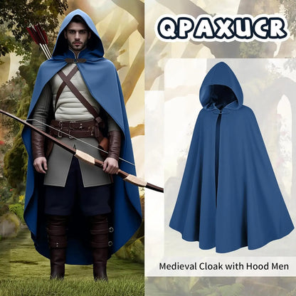 Men’s Medieval Hooded Cloak – Round Metal Buckle with Green Leaf Brooch Necklace for Halloween Costume