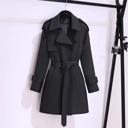 Women’s Trendy Trench Coat – Spring Autumn Slim Mid-Length Double-Breasted Belted Windbreaker