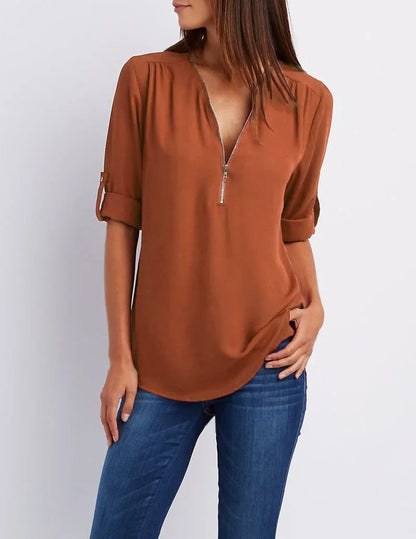 Women’s 2025 Hot Sale Loose Chiffon Blouse – Deep V-Neck Casual Top with Zipper Pullover Plus Size