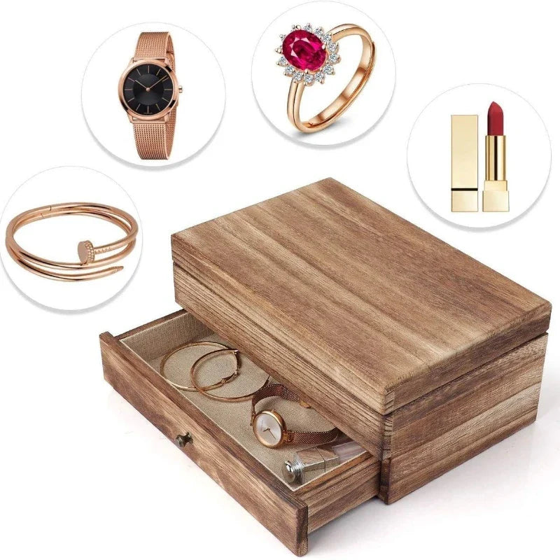 Vintage Solid Wood Jewelry Box – Two-Layer Necklace & Earring Display with Mirror