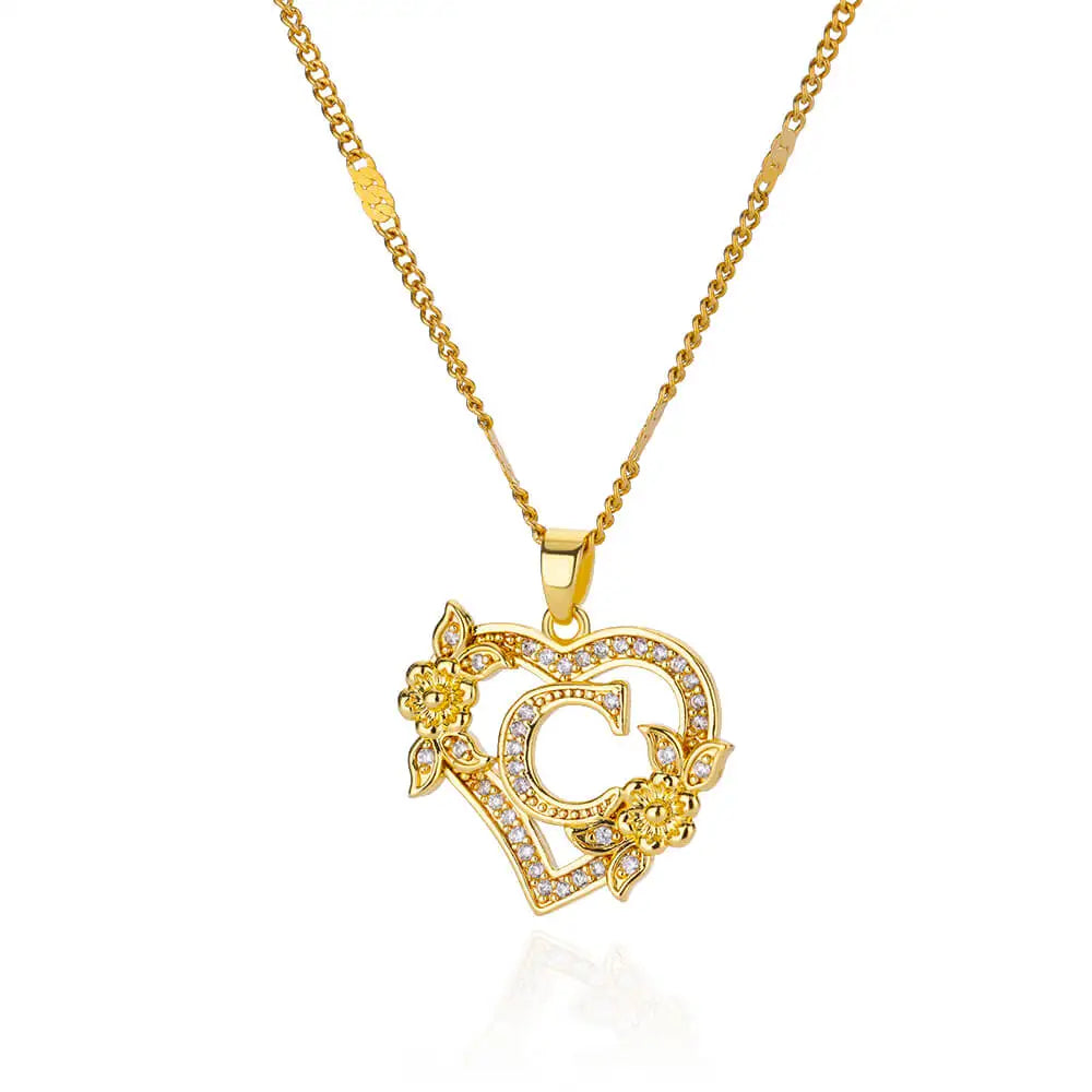 Gold Zircon Heart Initial Necklace – Stainless Steel Letter Pendant Jewelry for Women