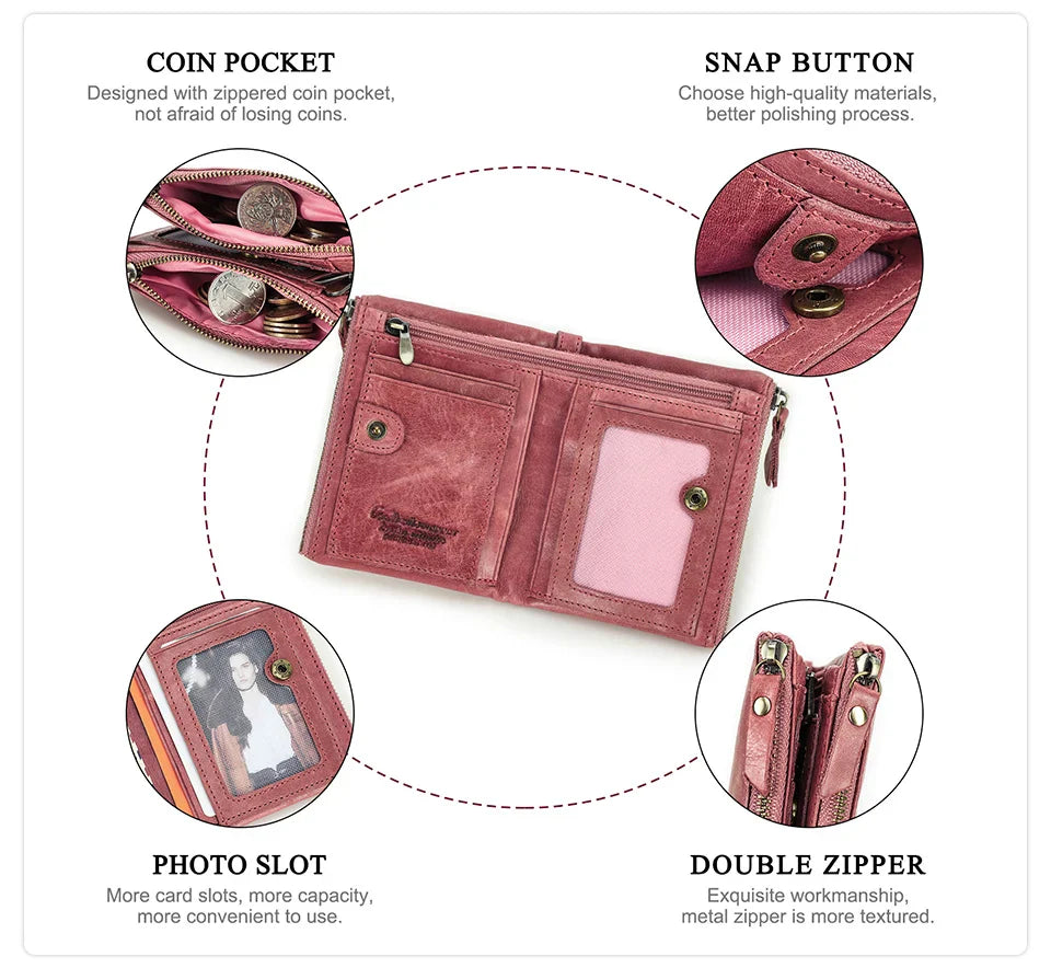 CONTACT'S Genuine Leather Short Wallet for Women — Luxury Designer Card & Coin Holder, Mini Money Clip Wallet with Free Shipping
