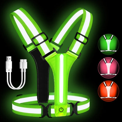 LED Running Vest – USB Rechargeable Reflective Glowing Straps for High Visibility Night Running & Cycling, Elastic Safety Band